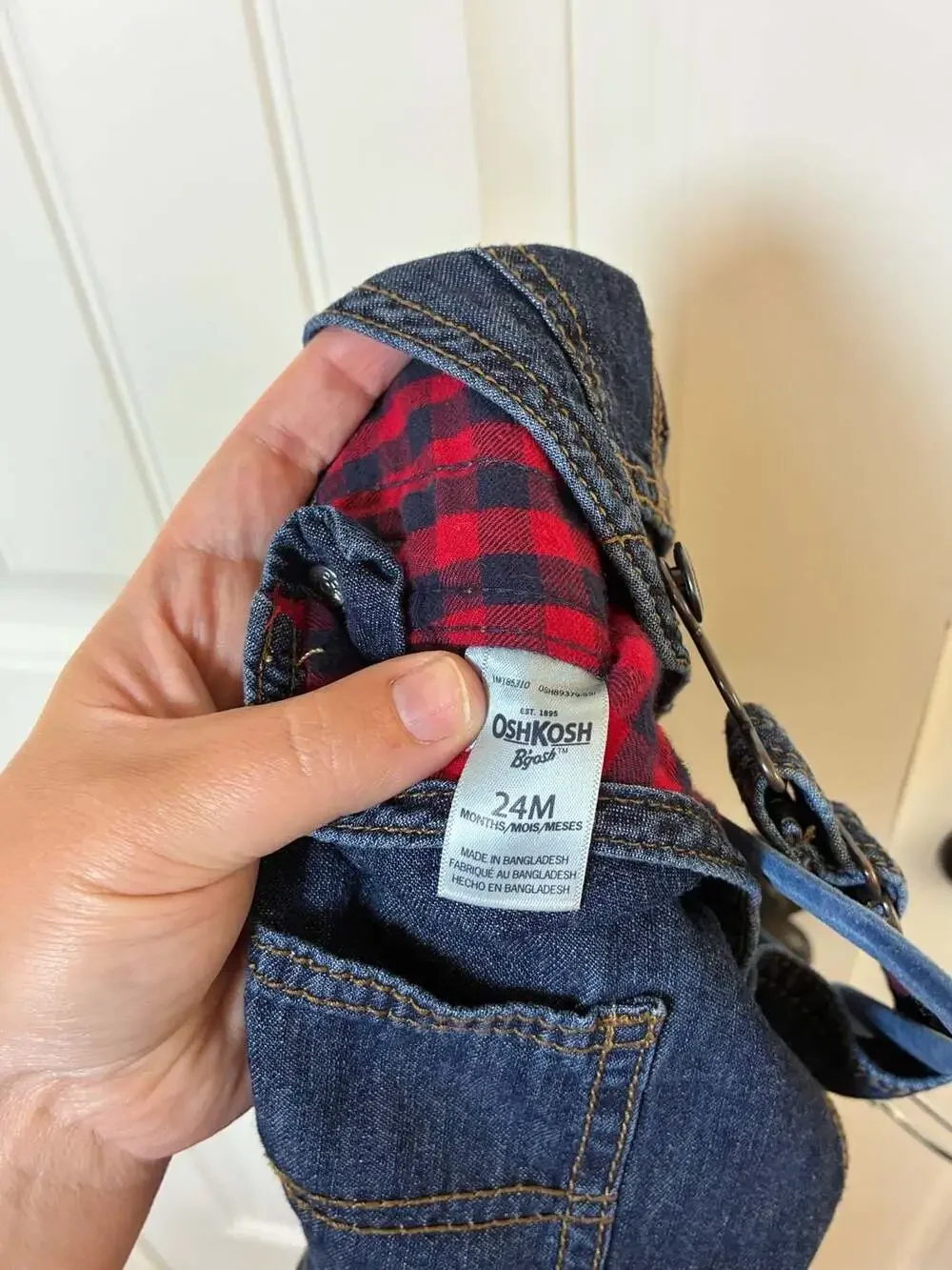 OshKosh B'gosh Red and Black Buffalo Plaid Lined Denim Overalls Size 24M